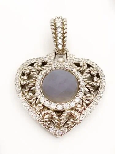 Judith Ripka 925 Sterling Silver Heart Pendent Faceted Oval & CSs
